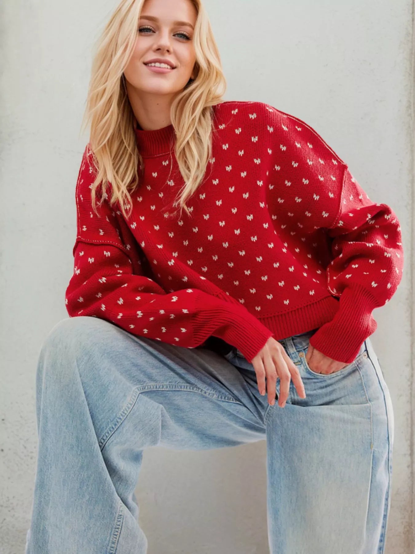Heart-Patterned Round Neck Sweater