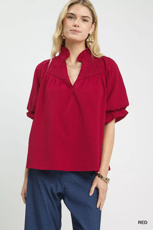 Umgee Textured Smocked Yoke Split-Neck Top Red