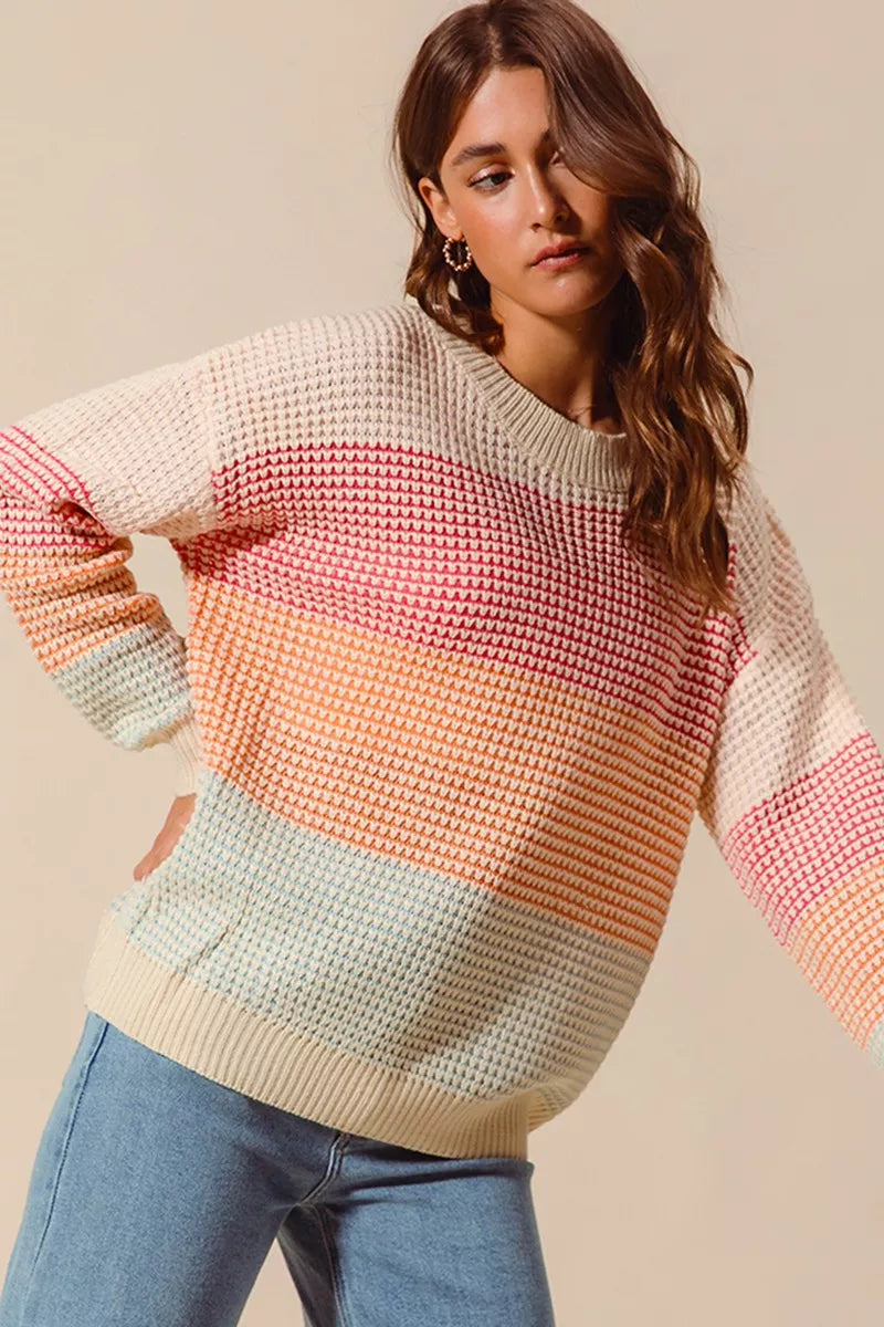 SO ME Multi Color Block Long Sleeve Sweater