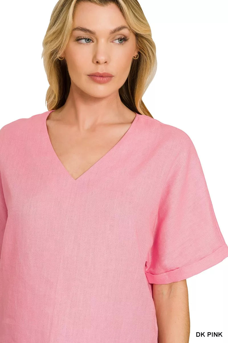 Zenana Linen V-Neck Cuffed Sleeve Top