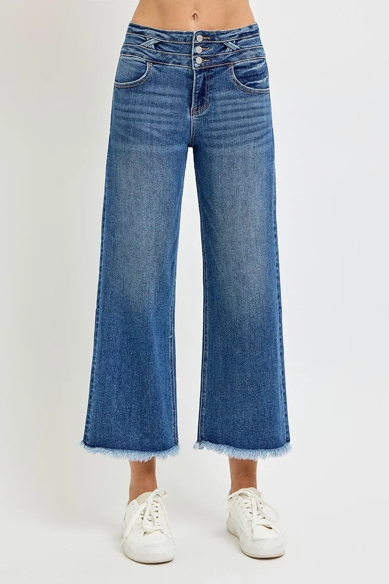 RISEN High Rise Crop Wide Leg Jeans with Wide Band Detail DARK