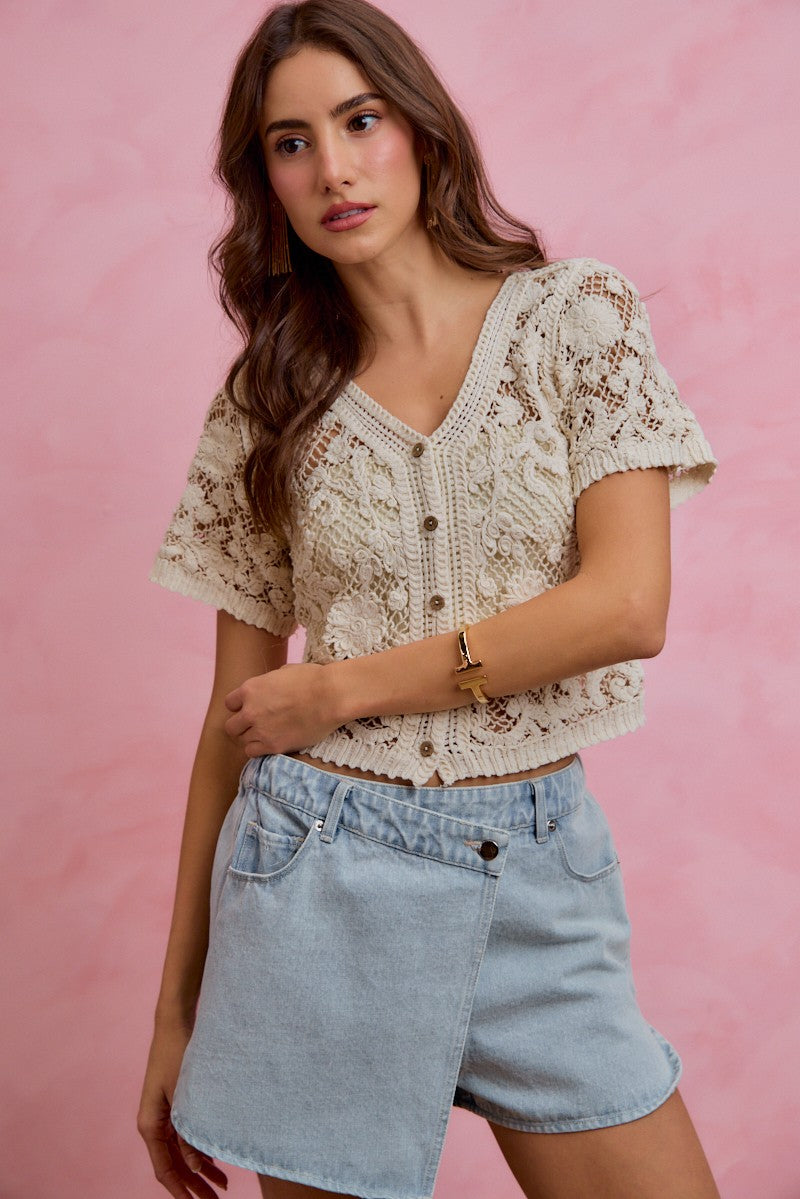 SO ME Floral Crochet Lace Button Down Cardigan NATURAL
