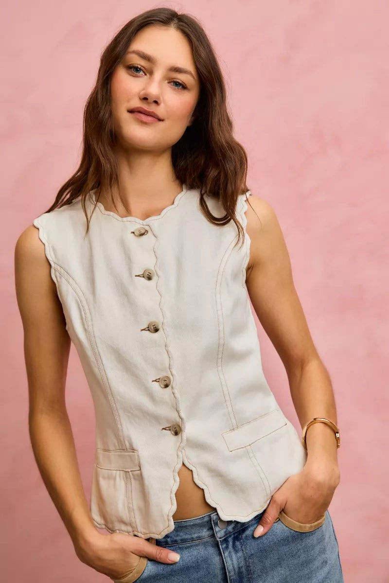 SO ME Scalloped Edge Cotton Twill Washed Vest Top