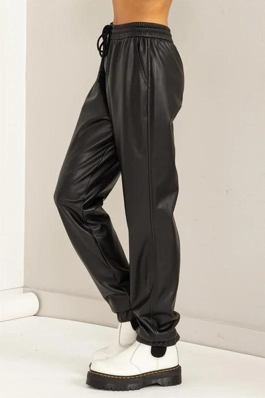 Leather Drawstring High-Waisted Jogger Pants