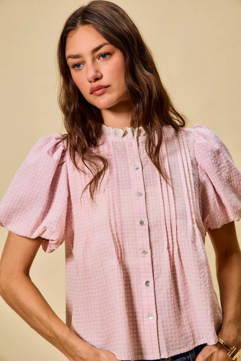 SO ME Gingham Lace Trim Button Bubble Sleeves Blouse