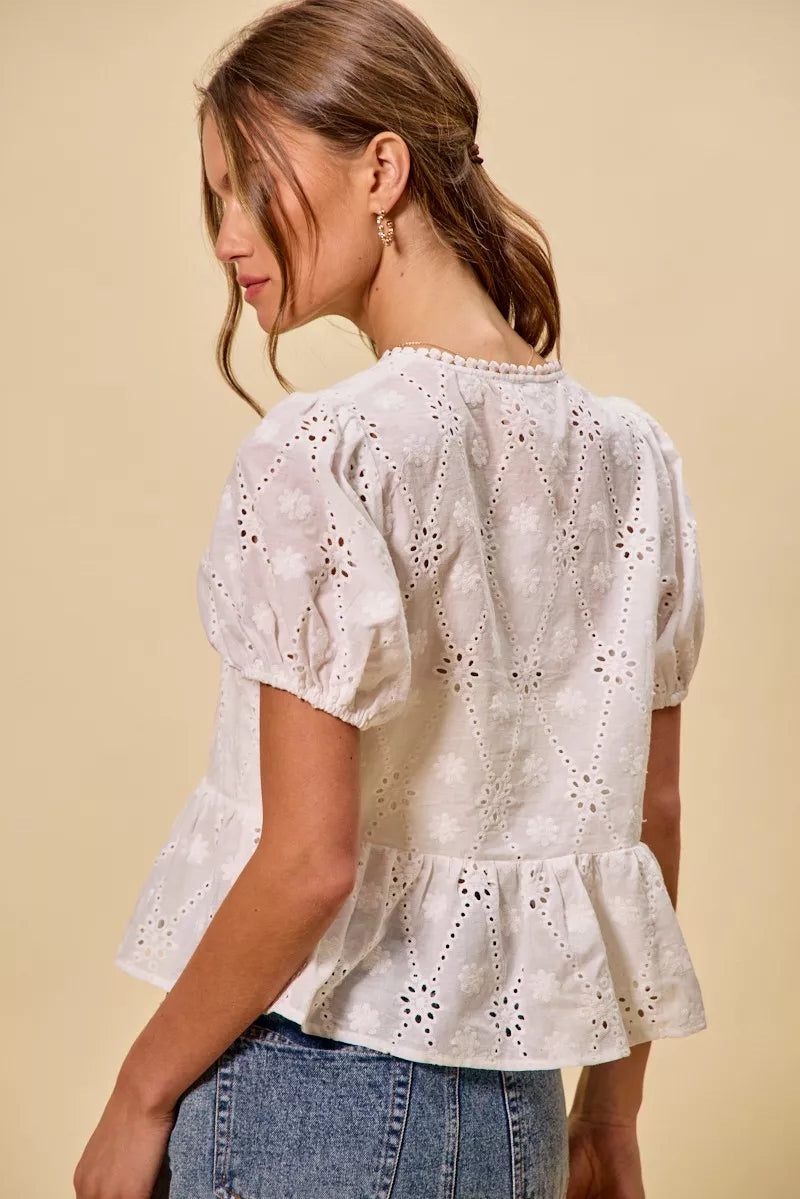 SO ME Cotton Eyelet Front Tie Short Sleeves Blouse