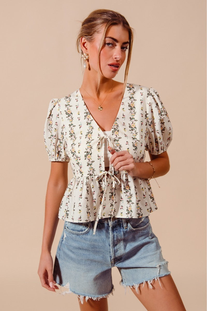 SO ME Floral Print Tie Front Shirred Hem Blouse