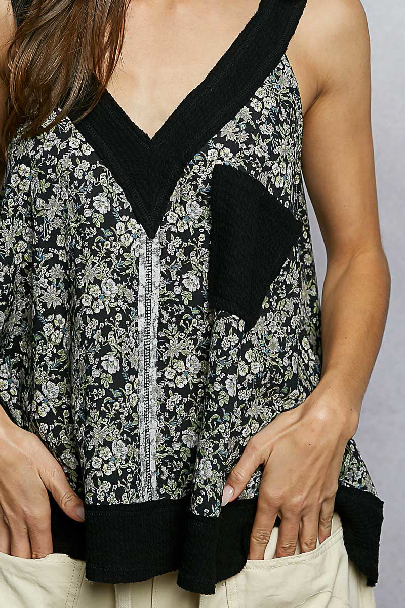 POL Floral V-Neck Tank with Front Pocket