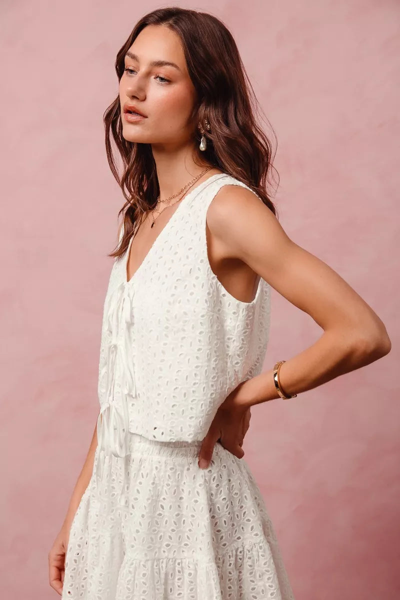 SO ME Floral Eyelet Lace Tie Front Vest Top and Tiered Mini Skirt Set