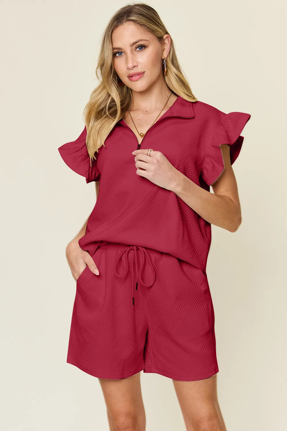 Double Take Full Size Texture Flounce Sleeve Top and Drawstring Shorts Set Deep Red