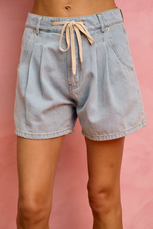 SO ME Mid Rise Denim Shorts With Cotton Tape Drawstring LIGHT DENIM