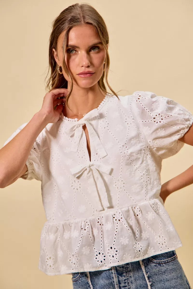 SO ME Cotton Eyelet Front Tie Short Sleeves Blouse