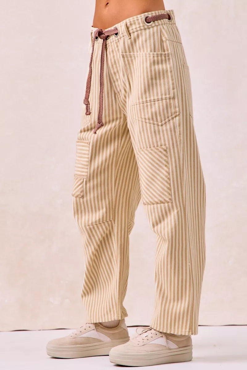 BiBi Drawstring Striped Twill Barrel Pants
