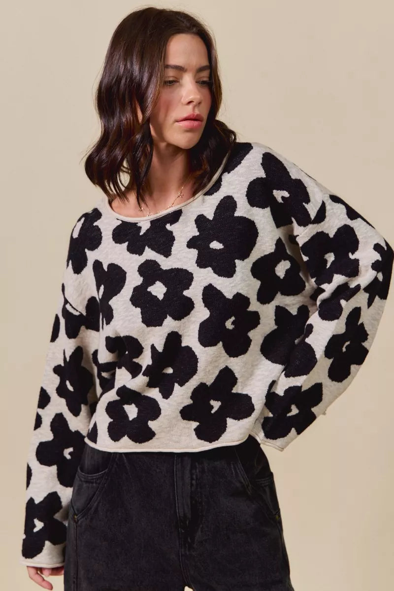 SO ME Loose Fit Flower Lightweight Sweater Top BLACK OATMEAL