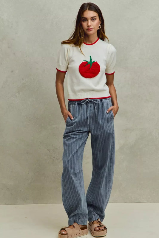 SO ME Stripe Denim Barrel Jeans Drawstring Waistband