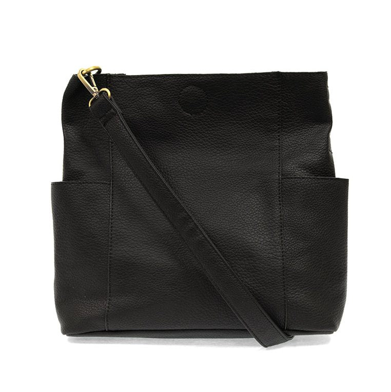 Black leather crossbody bag on a white background