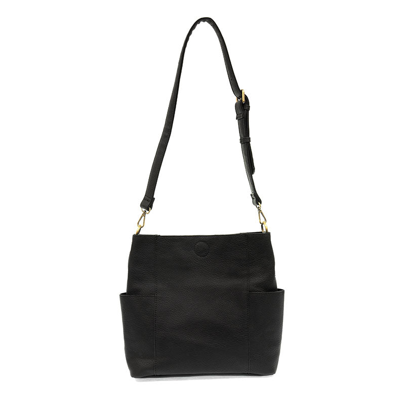 Black handbag with a strap on a white background