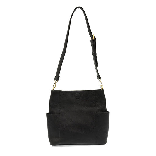Black handbag with a strap on a white background