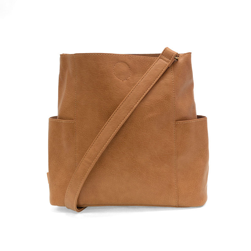 Brown leather crossbody bag on a white background