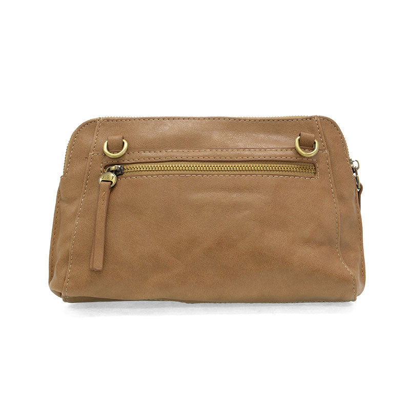 Brown leather clutch bag with gold zipper on a white background