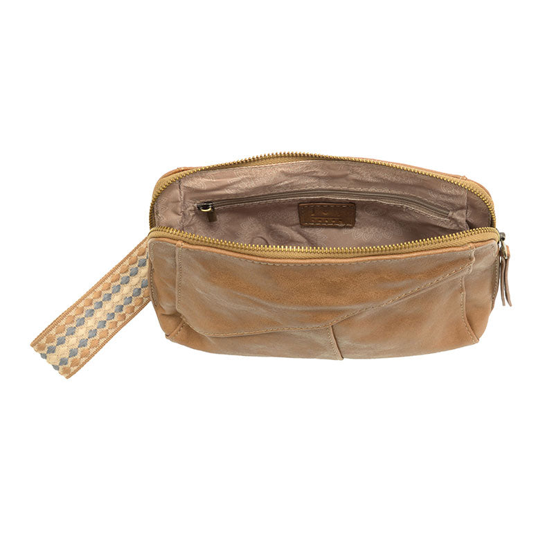 Beige leather pouch with a strap on a white background
