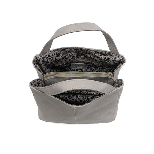 Gray handbag with floral interior lining on a white background