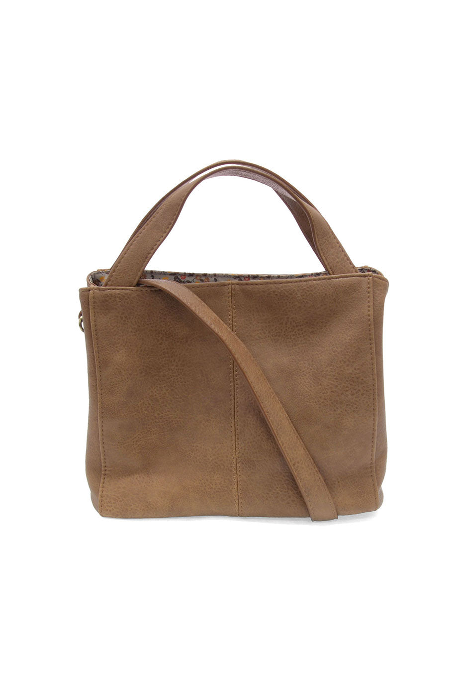 Brown suede handbag with a shoulder strap on a white background