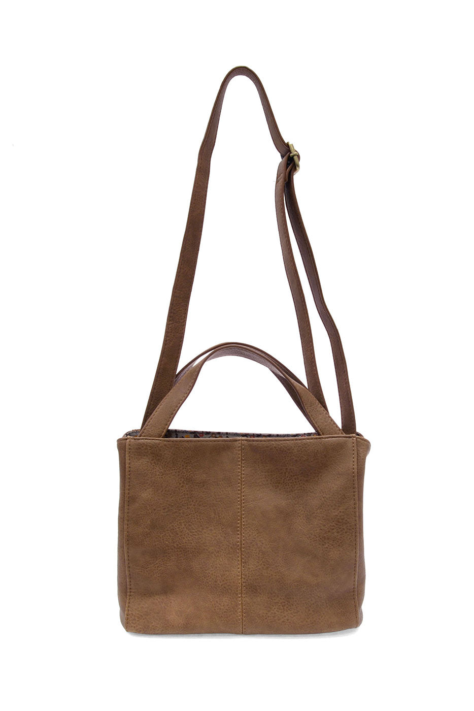Brown leather handbag with a shoulder strap on a white background