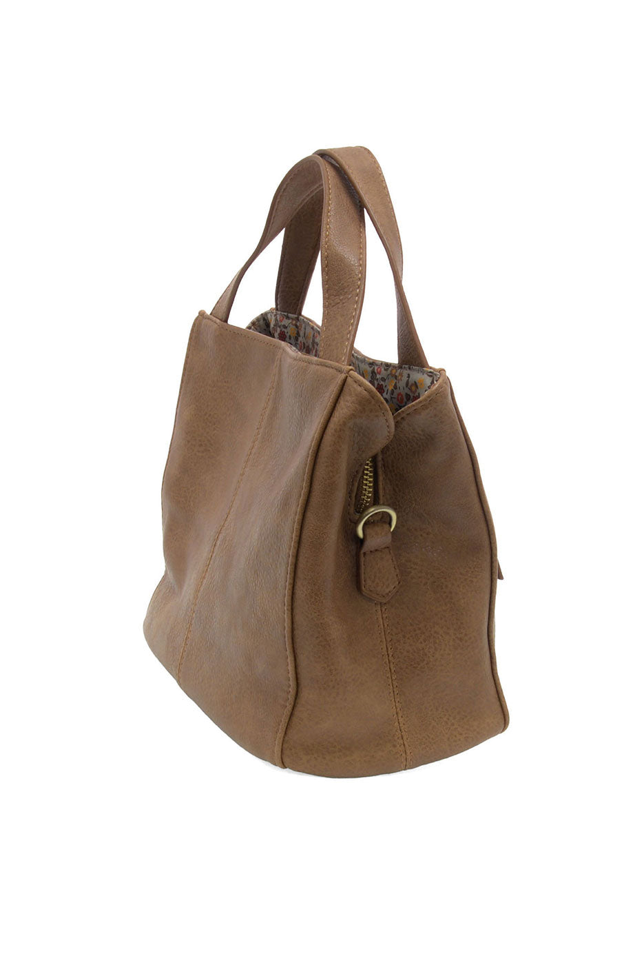 Brown leather handbag on a white background