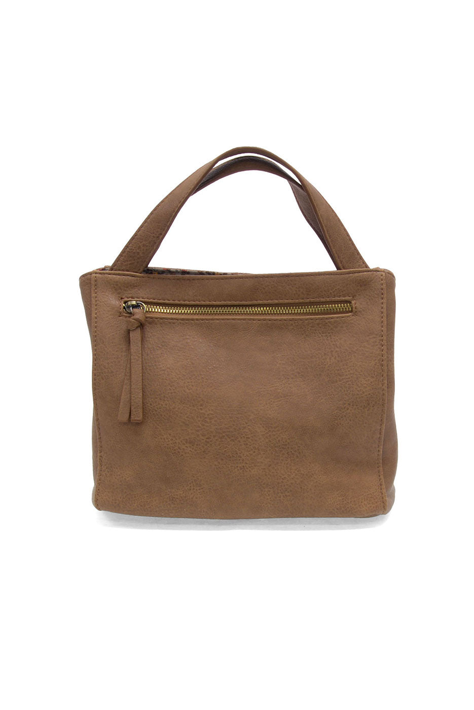 Brown leather handbag with a zipper on a white background