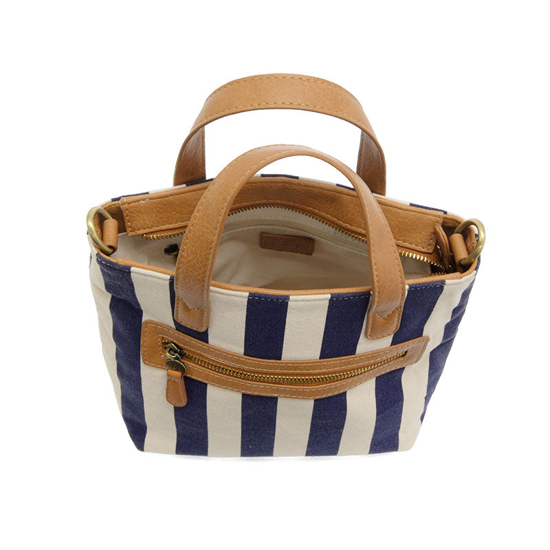 Blue and white striped bag with brown handles and zippers on a white background