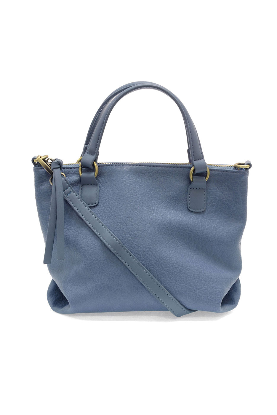 Blue handbag with a shoulder strap on a white background