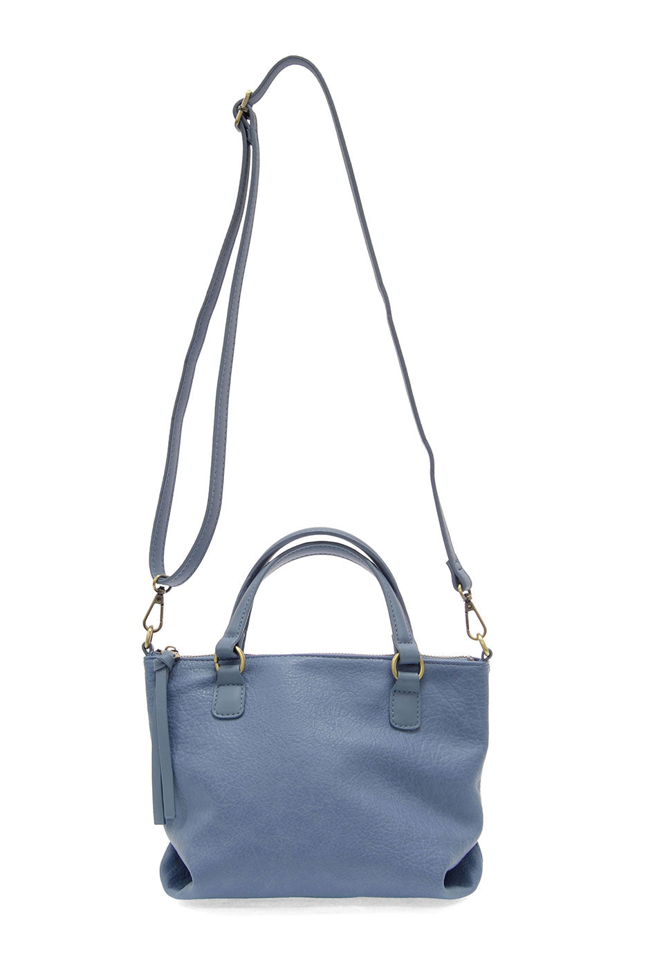 Blue handbag with a matching strap on a white background
