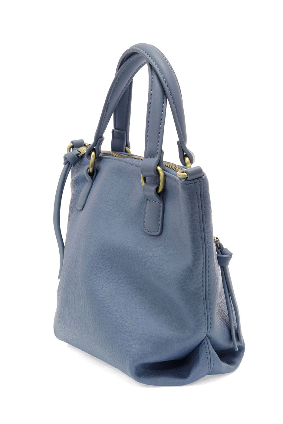 Blue handbag with gold accents on a white background
