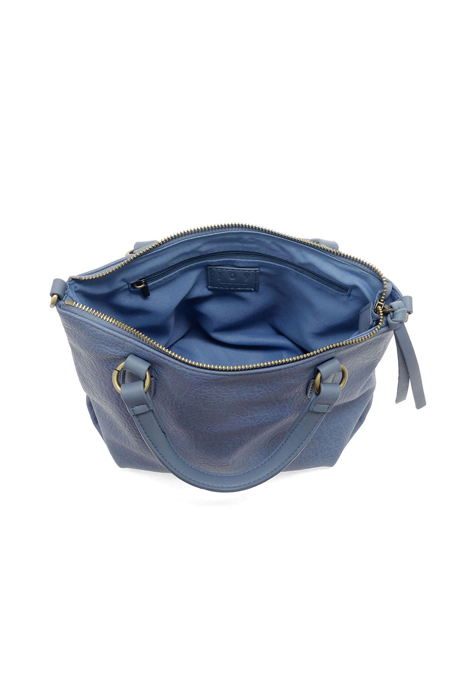 Blue handbag with gold zippers on a white background