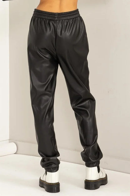 Leather Drawstring High-Waisted Jogger Pants