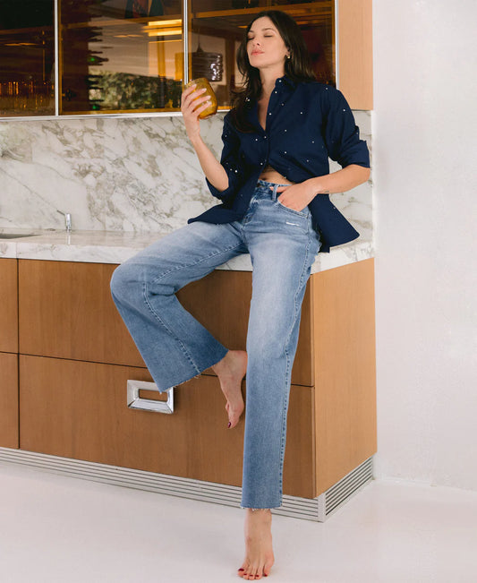 Olivia Mid Rise Clean Cut Raw Hem Wide Jeans