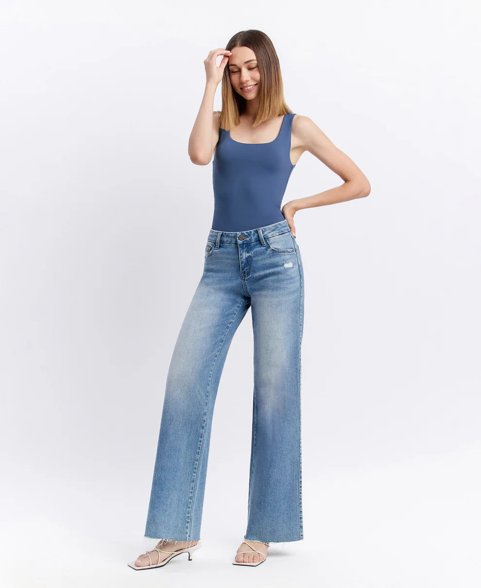 Olivia Mid Rise Clean Cut Raw Hem Wide Jeans