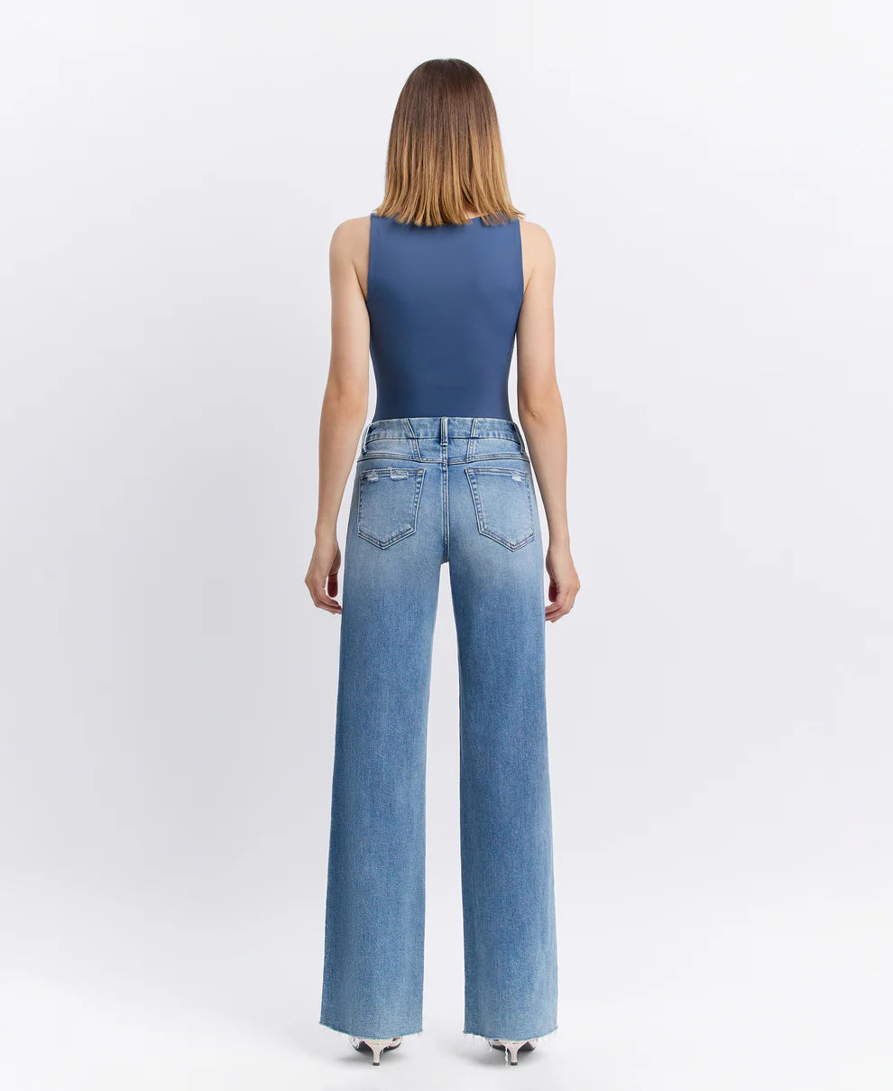 Olivia Mid Rise Clean Cut Raw Hem Wide Jeans