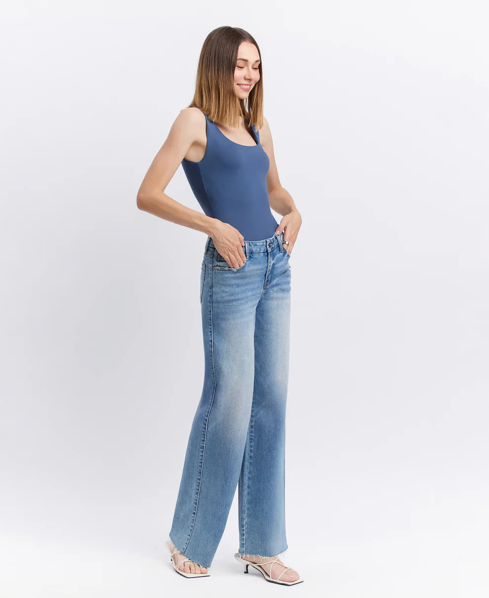 Olivia Mid Rise Clean Cut Raw Hem Wide Jeans
