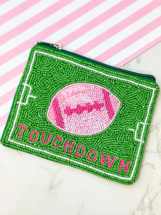 PREORDER: Touchdown Pink Football Beaded Zip Pouch