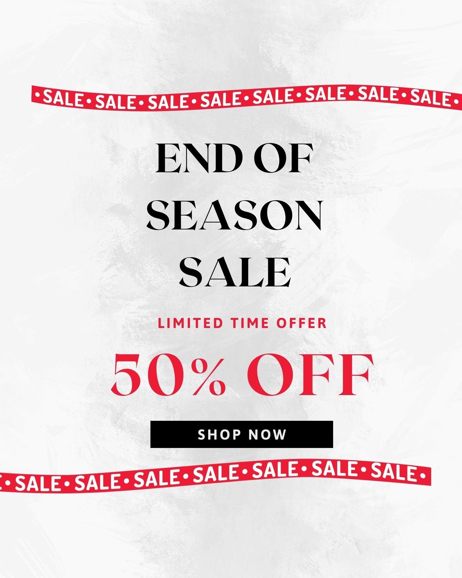 End of season sale advertisement with text and red sale labels on a white background