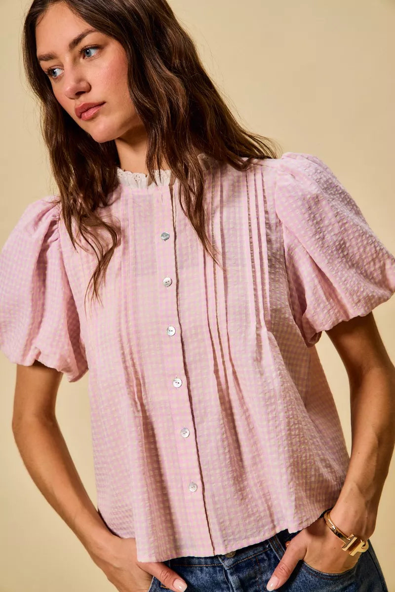 SO ME Gingham Lace Trim Button Bubble Sleeves Blouse