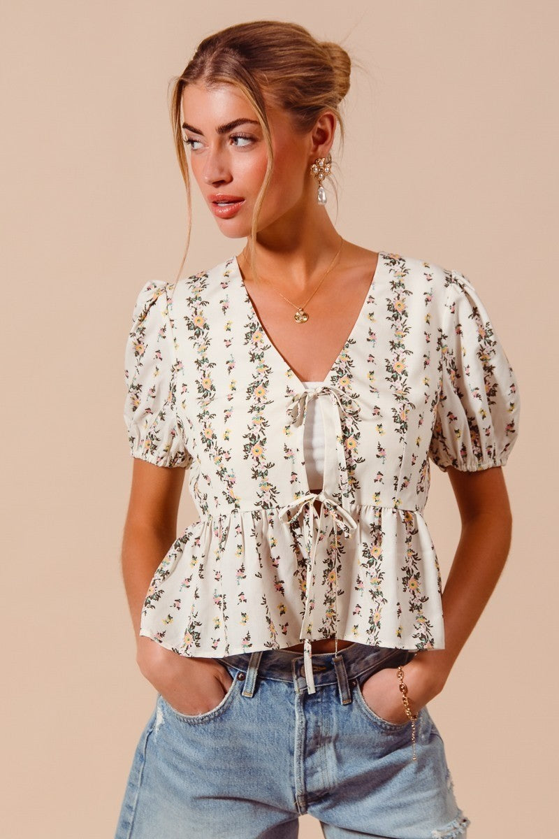 SO ME Floral Print Tie Front Shirred Hem Blouse IVORY