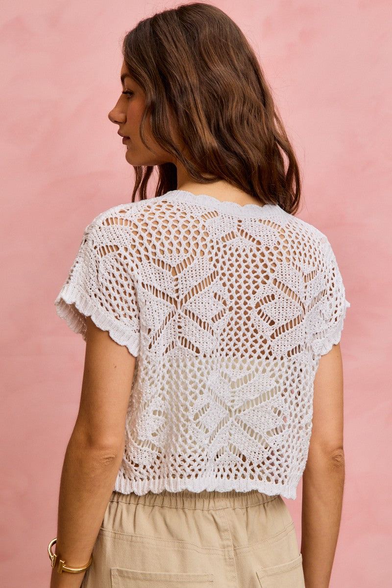 SO ME Crochet Scallop Edge Short Sleeves Knit Cover Up