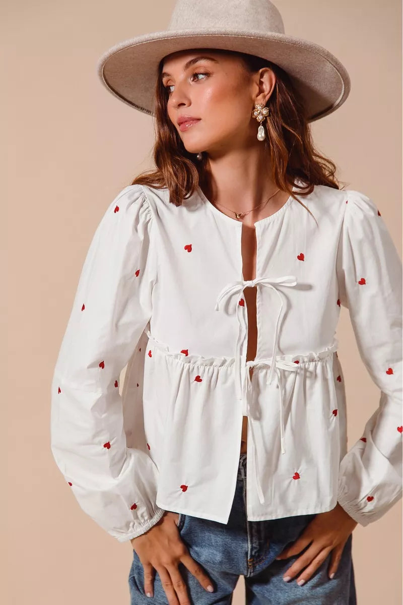 SO ME Front Tie Heart Embroidered Blouse With Puff Sleeve
