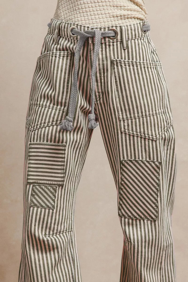 BiBi Drawstring Striped Twill Barrel Pants