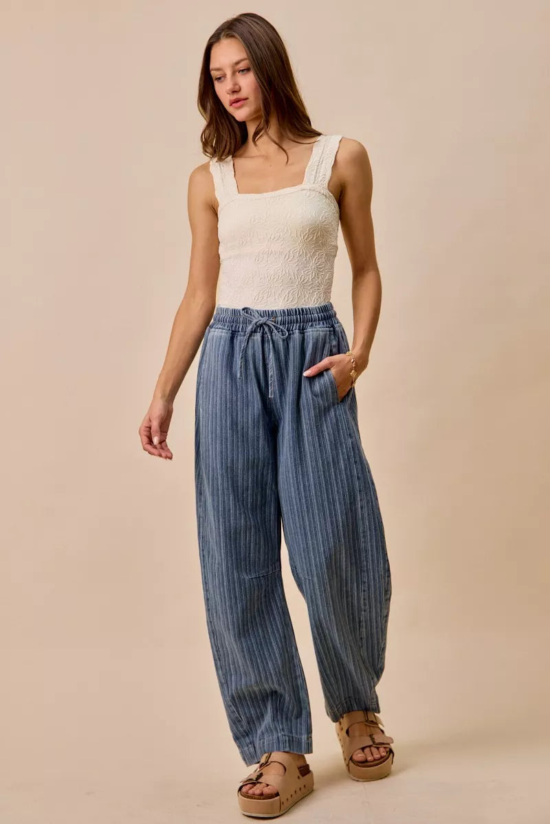 SO ME Stripe Denim Barrel Jeans Drawstring Waistband