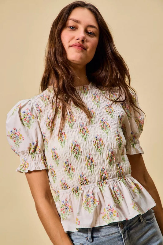 SO ME Floral Cotton Smocked Short Sleeves Blouse IVORY