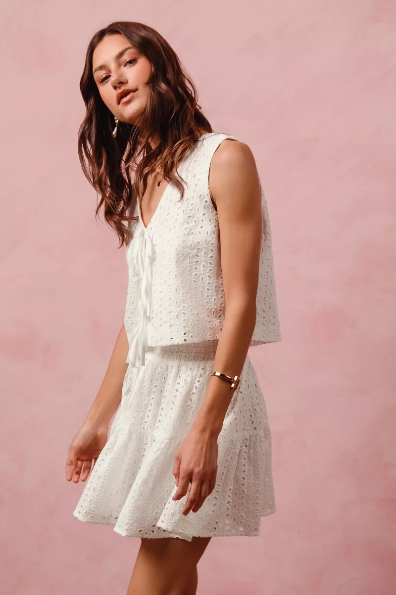 SO ME Floral Eyelet Lace Tie Front Vest Top and Tiered Mini Skirt Set